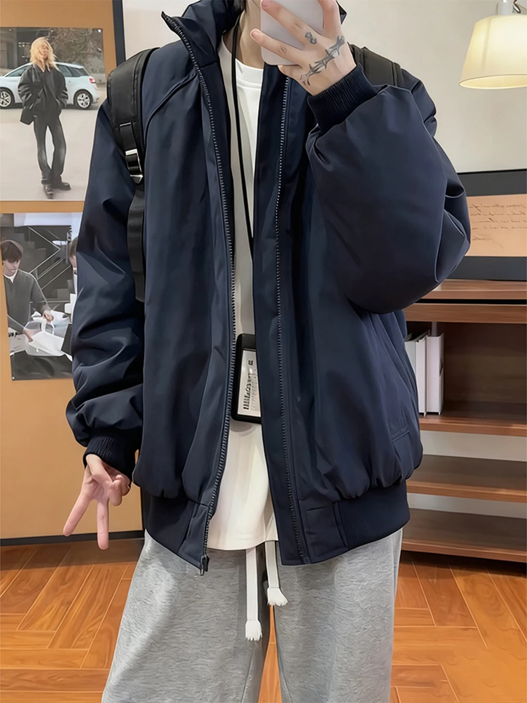 

Thiened Qing Blue American Sle Flight Jaet Cotton Coat Men Winter ort Stand Collar Outerwear Cleanfit Cotton Clothes