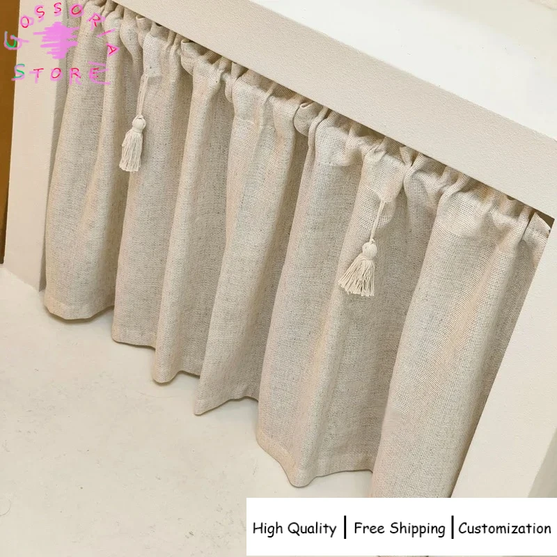 

Sample Custom Handmade Cotton Linen Kitchen Curtains for Farmhouse Bedroom Short Tassels Window Valance Cafe Rod Pockets Decor
