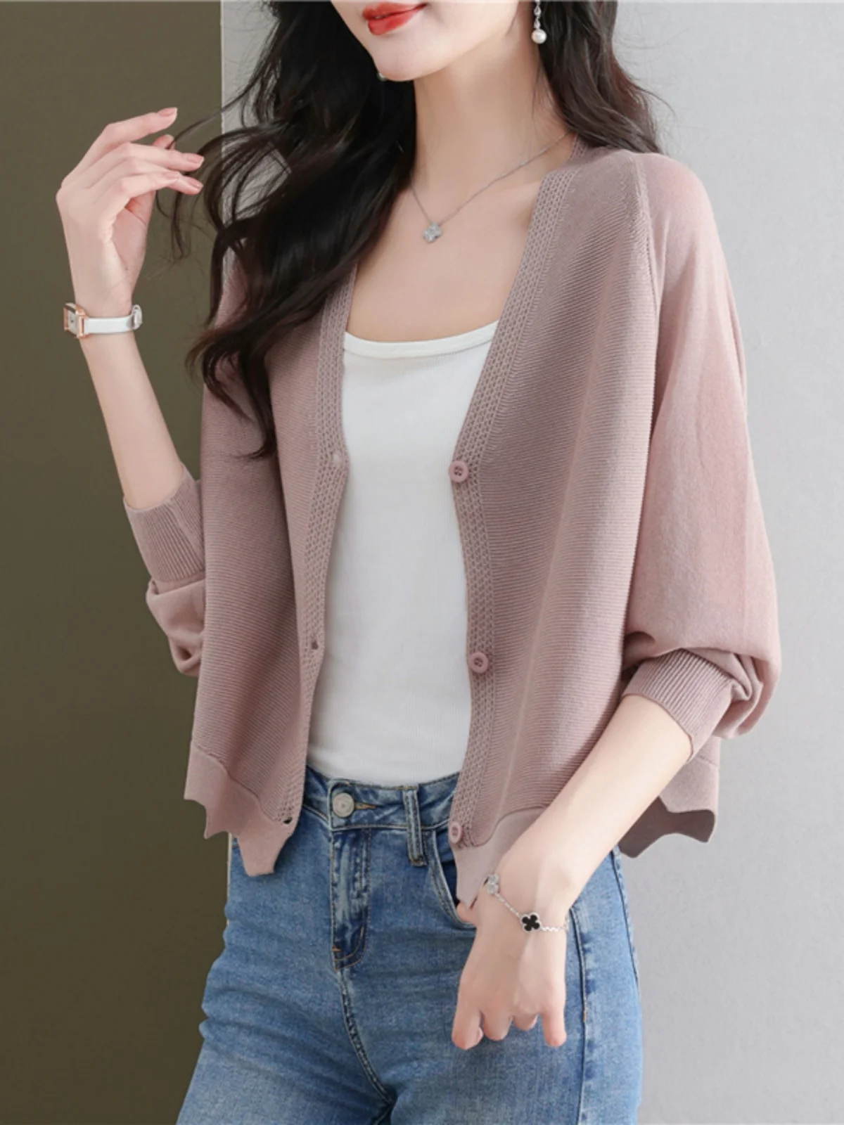 

Ice Silk Sunscreen Knitted Cardigan Jacket for Women's Thin Summer Shawl with Suspender and Short Air-conditioned Cover Up