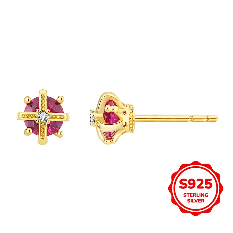 

Temperament Commuting Versatile Genuine S925 Silver-red Zircon Crown Earrings