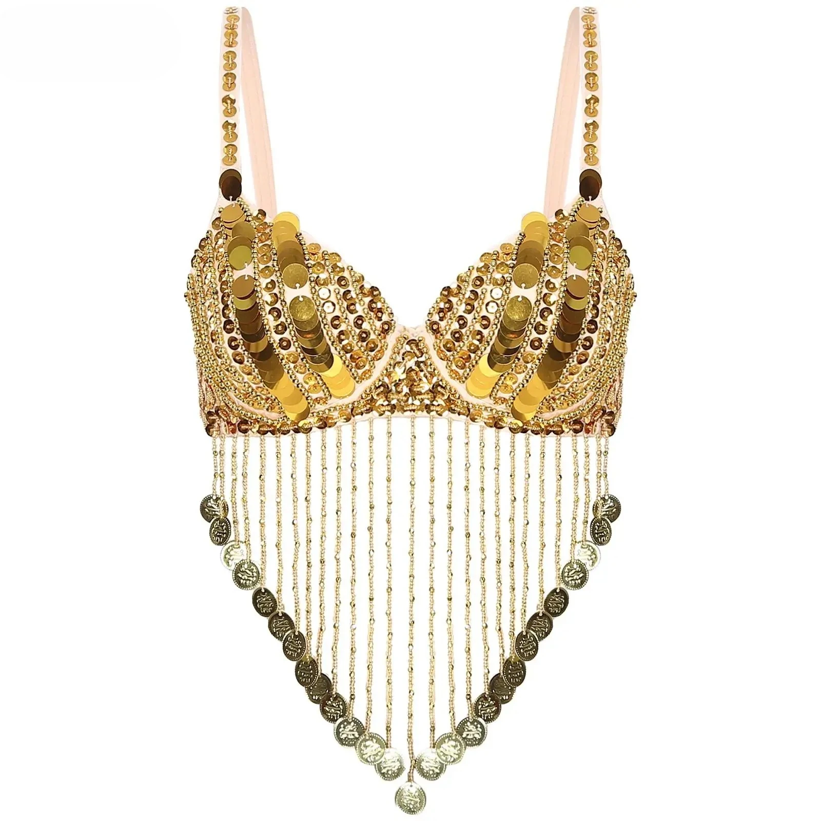 Traje de performance de dança do ventre feminino alças ajustáveis lantejoulas brilhantes plástico frisado borlas underwired sutiã de madeira do ventre topos