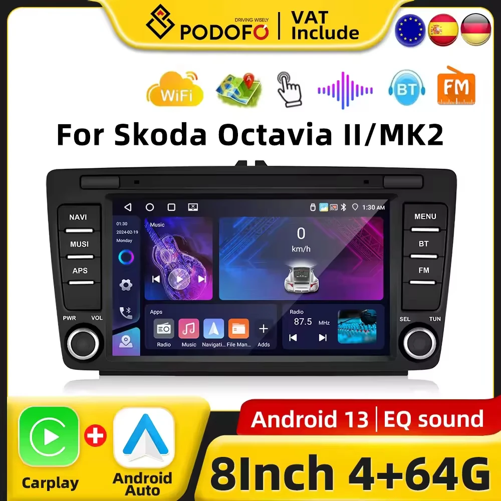 Podofo 8-Zoll-CarPlay-Android-Autoradio für Skoda Octavia 2 MK2, intelligentes 2-DIN-GPS-Stereo-Empfänger-System, Android Auto Navigation, Autoradio, Armaturenbrett-Haupteinheit
