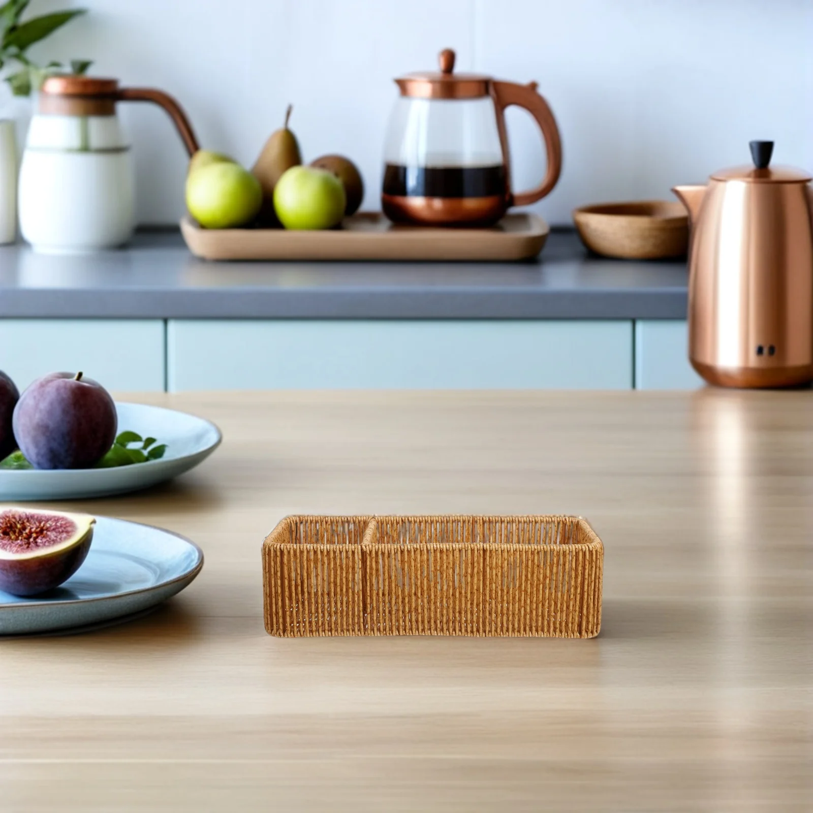 

Multifunctional Plastic Wicker Tissue Box Organizer Handwoven Storage Basket Desktop Phone Remote Holder Hollow Design