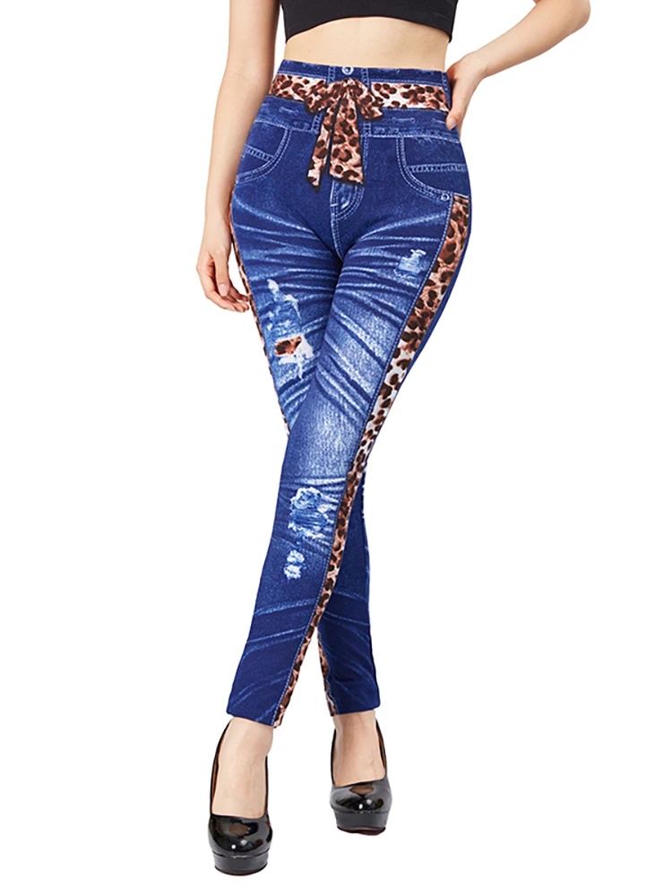 CUHAKCI High Waist Fake Leopard Bow Print Blue Jeggings Stretch Slim Fit Pencil Pant Faux Denim Sexy Women Workout Yoga Legging