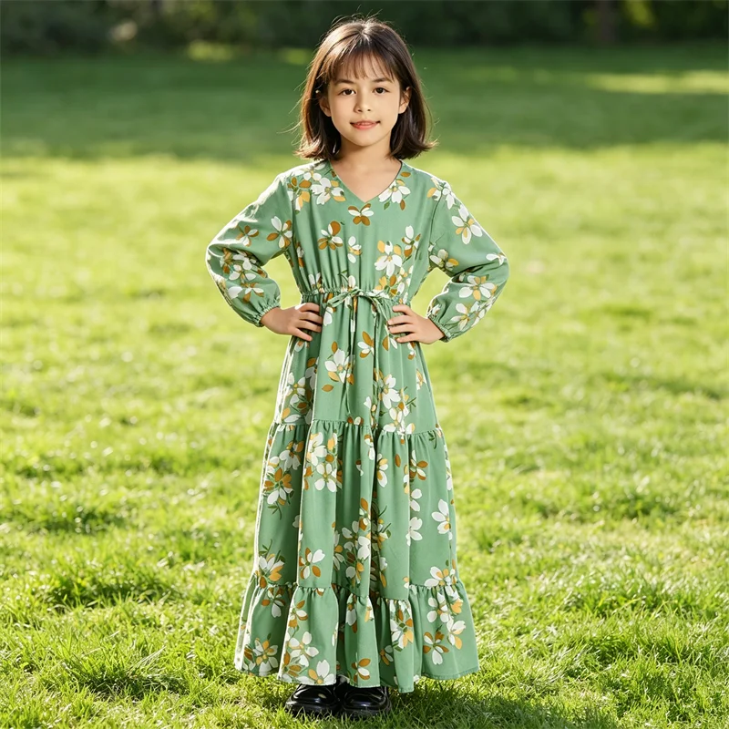 

Ramadan Abaya Muslim Child Kids Floral Printed Long Maxi Dresses Dubai Kaftan Islamic Arab Girls Robe Kaftan Eid Turkey Clothing