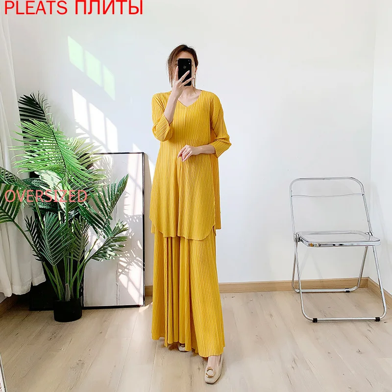 Miyake Fold Spring/Summer New Suit Solid Color Loose Design Large Size Top + Wide Leg Trousers Two-piece Set Ensemble Femme