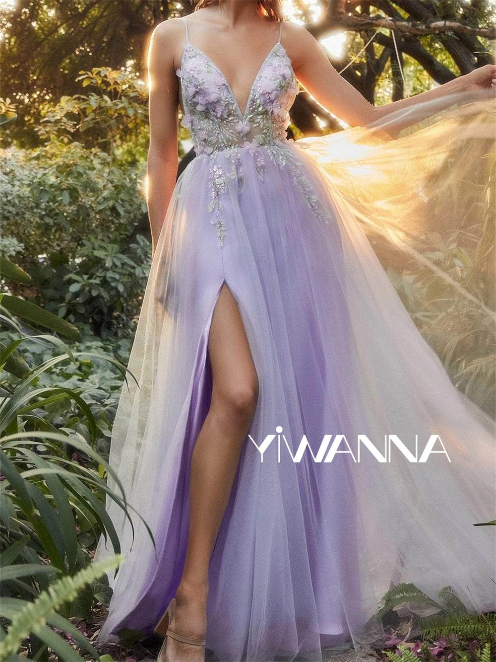 

Floral Applique Prom Gown Bridesmaid Dresses Lilac Slit Spaghetti Straps Tulle Wedding Guest Dress Romantic Evening Gown