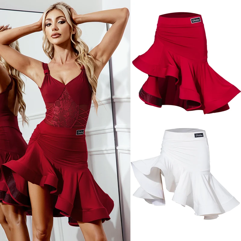 

New Latin Dance Skirt Women Irregular Fishbone Skirt Red Rumba Salsa Performance Clothes Adult Latin Practice Clothing BL13012