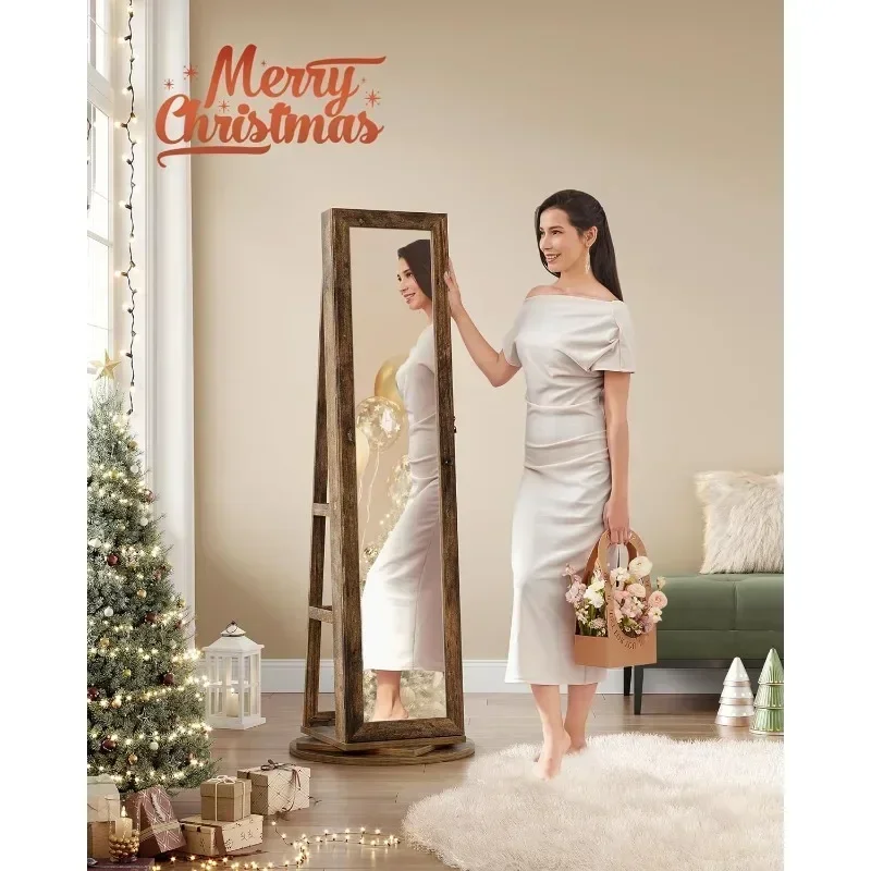 

-360° Swivel Jewelry Cabinet, Lockable Jewelry Organizer with Full-Length Mirror, Rear Storage Shelves, Jewelry Armoire