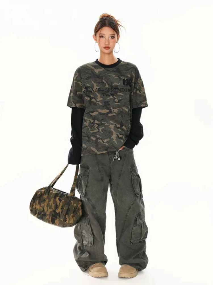 Deeptown Vintage Letter Print Camouflage Women Man Fake Two Piece T-Shirts Long Sleeve American Style Oversized Tees Hip Hop