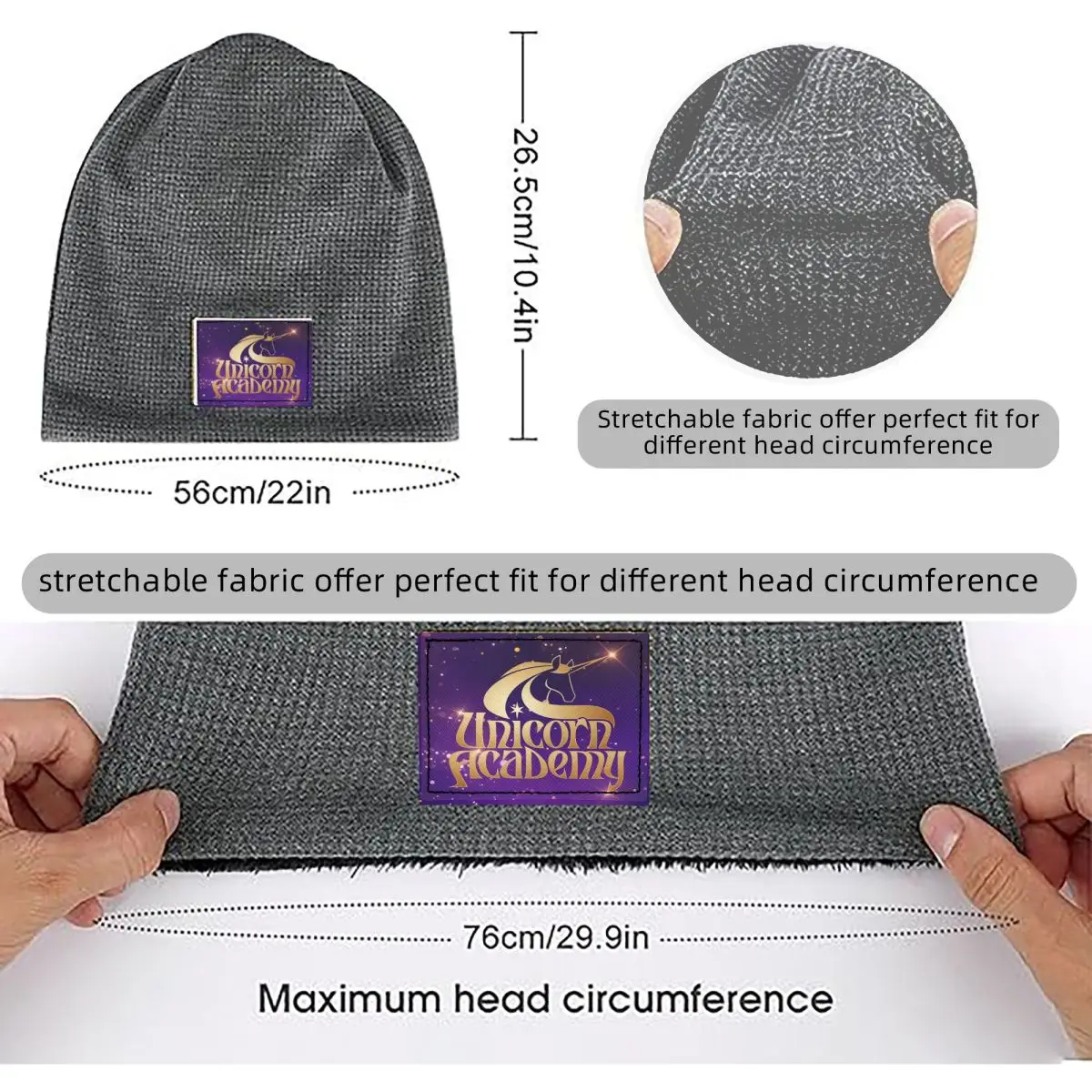 Unicorn Academy Waffle Knit Fleece Lined Beanie with PU Leather Patch Unisex Warm Winter Soft Cap