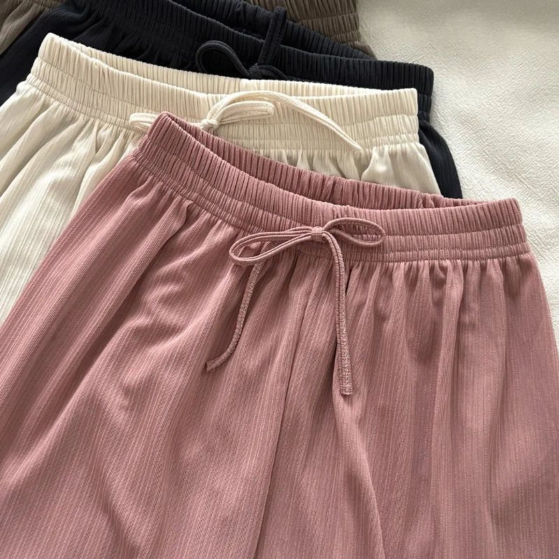 High Waist Straight Leg Ice Silk Wide Leg Pants Girls's Summer Loose Striped Floor-Length Sun Protection Casual Trousers Clothes