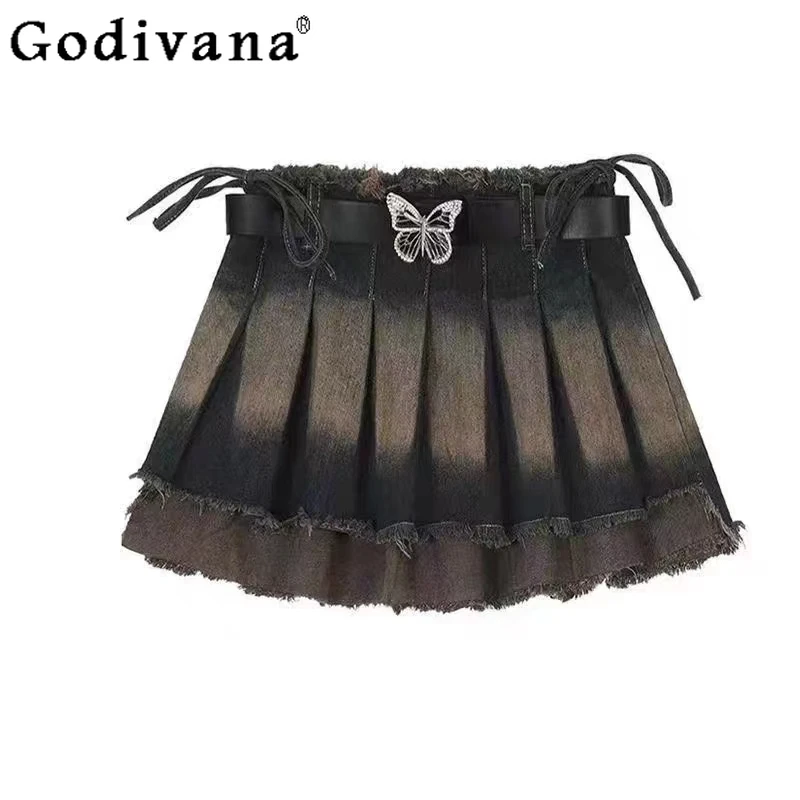 

Retro Blue American Cool Girl Low Waist Irregular Denim Skirts Summer New Chic Personalized Versatile A-line High Waist Skirts