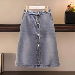 Jupe en denim à taille élastique pour femmes, 150 noix, grande taille, été, une étape, hanche, 154, ourlet arrière, fente, bleu, 5XL, 6XL, 7XL, 8XL, 9XL