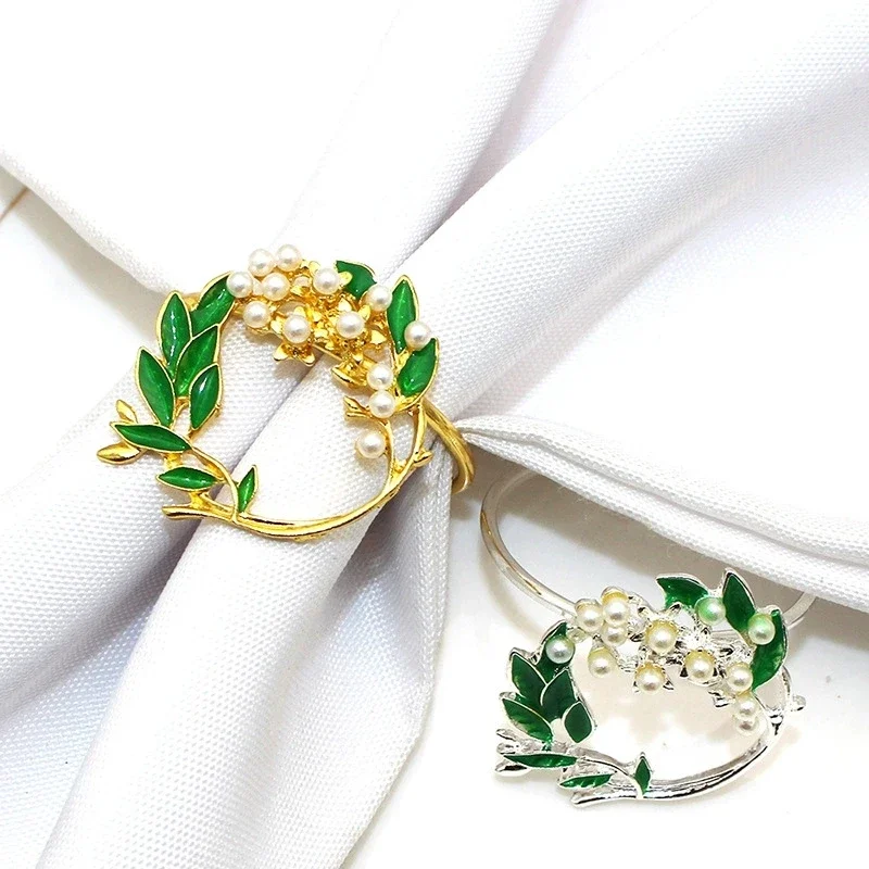 12PCS Plant pearl wreath Table napkin rings Metal napkin holder for Wedding table decoration New year's eve decorations
