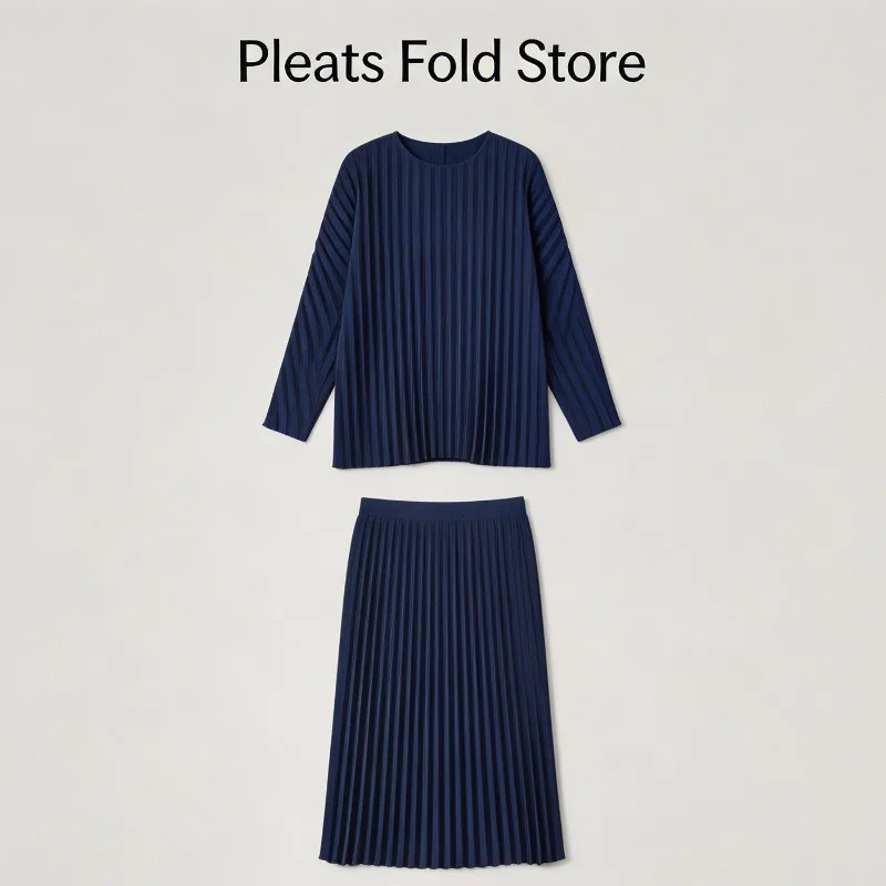 

Miyake Pleated New 2026 Spring/Summer Pear-Shaped Body Suit Round Neck Long Sleeve Loose Top High Waist Skirt Two-Piece Set
