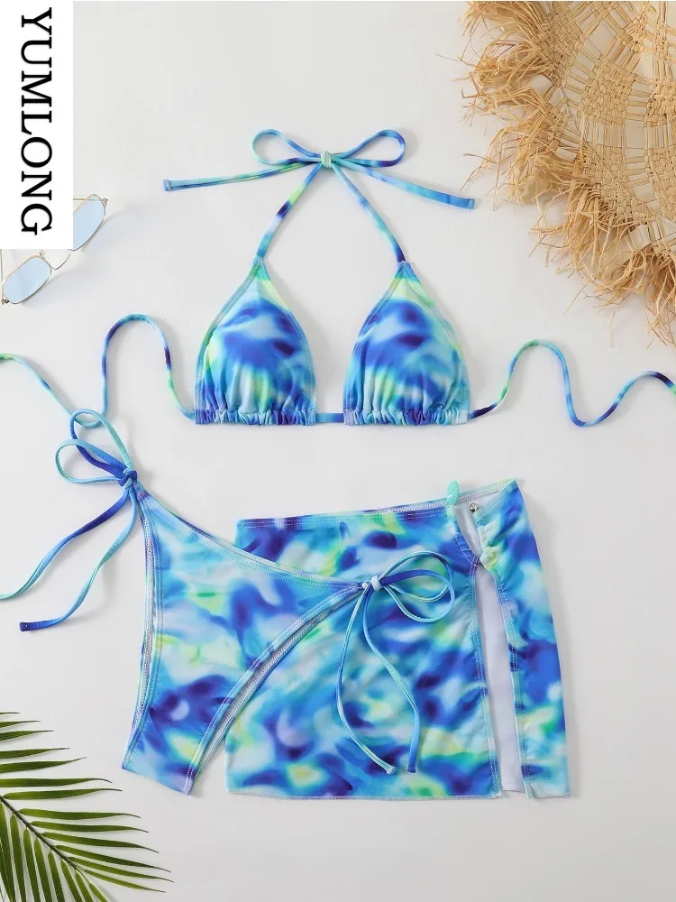 

Women Sexy Push Up Bikini Set 3 Piece Mesh Skirt Tied Halter Backless Swimwear Beach 2025 New beach outfits woman