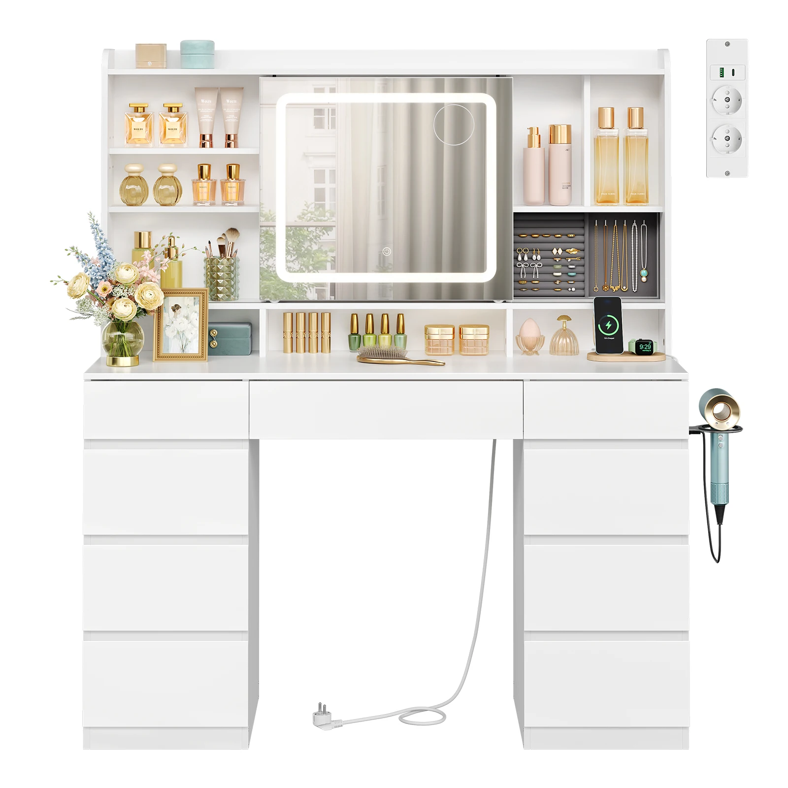 WOLTU Schminktisch für Mädchen mit verstellbarer LED-Beleuchtung, Schminktisch mit 9 Schubladen und Schiebespiegel für Schlafzimmer – Detail 8