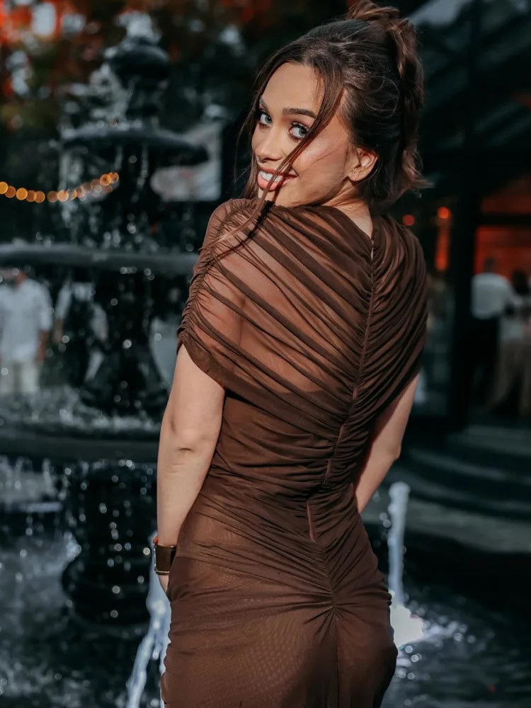 Articat elegante malha retalhos oco para fora vestido feminino sexy dupla camada transparente elástico bodycon festa clube vestido de noite