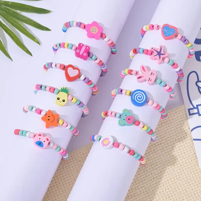 12 sztuk/opakowanie Kolorowe bransoletki z drewnianymi koralikami z motywami z kreskówek dla dziewczynek, upominki na przyjęcie urodzinowe, prezenty dla gości na baby shower, wypełniacze do piñaty