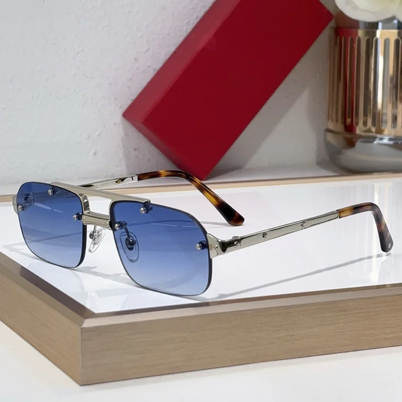 

Men's Light Luxury Sliver Rimless Pilot Sunglasses Designer Hand Craft Double Bridge Boundless Alloy Solar Glasses for Male
