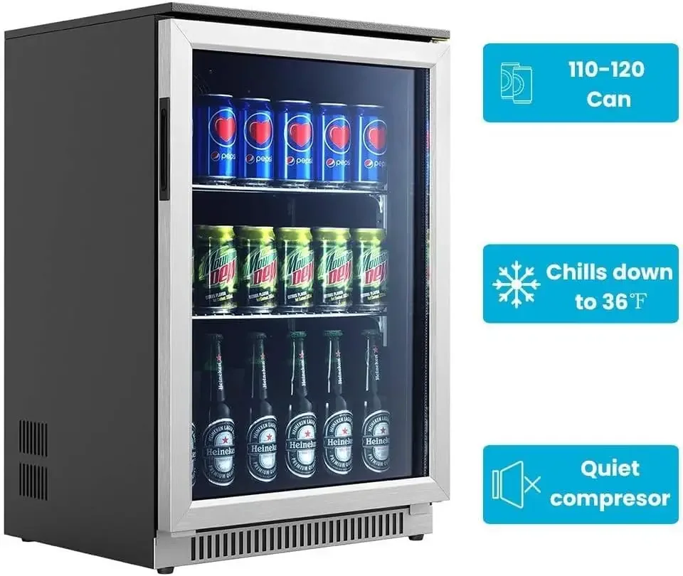 20 Inch Wide Built in Beverage Refrigerator with Clear Glass Front Door, 120 Can Under Counter Cabinet Soda Beer Drink Coole