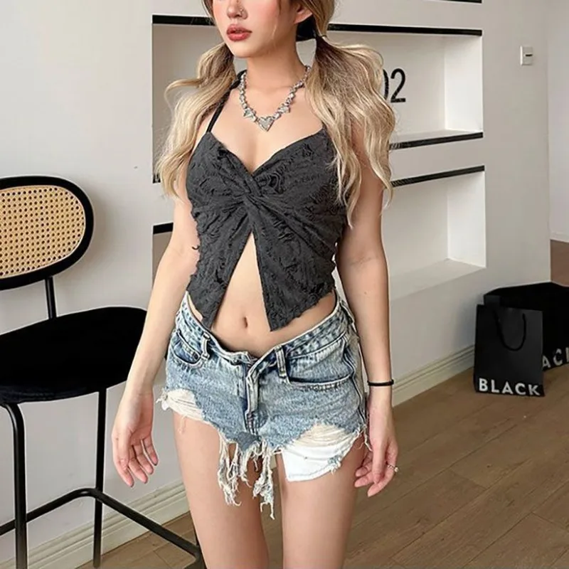 Sweet Spicy Girl Style Halter Top Gyaru Backless V-neck Corset Crop Top Grey Pink Camis Women Summer Y2K Clothes New in 2026