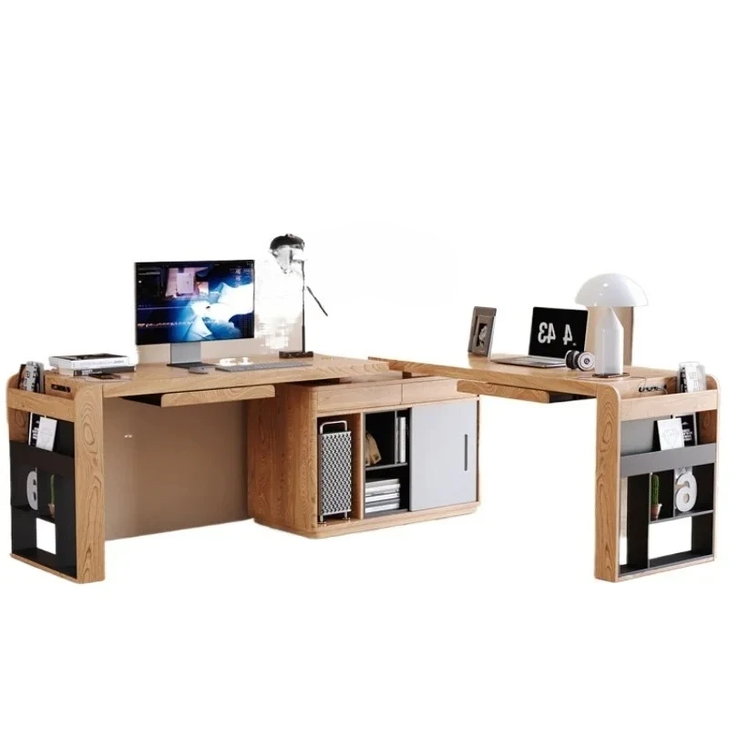 

ZF Household Double Desk Solid Wood Corner Computer Desk Desktop Integrated Simple Retractable Rotating