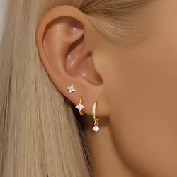 ROXI  925 Sterling Silver Gold 3-piece set simple Flower/square zircon Piercing earring Circle set for women plata 925 Jewelry
