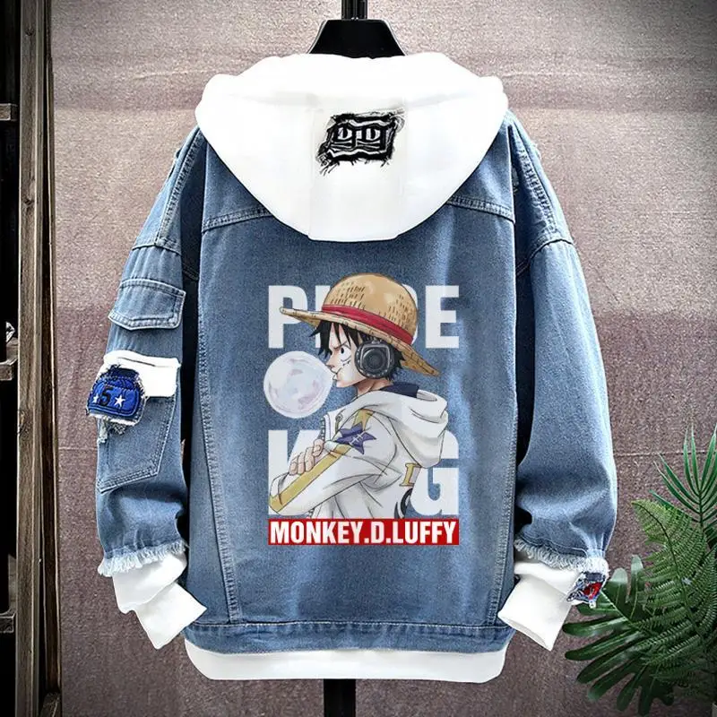 One Piece Denim Jacket Anime Luffy Hooded Sweatshirt Couple Loose Casual Coat Trendy Patchwork Hoodies Outwear Unisex Streetwear