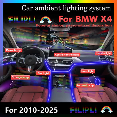 BMW X4 자동차 인테리어 무드 주변 조명 RGB 64 색 LED 스마트 원격 제어 분위기 램프 에너지 절약 키트