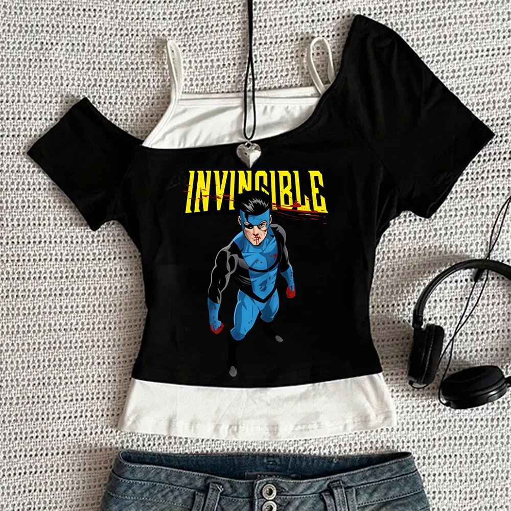 Invincible crop top ladies japanese graphic emo clearance sales harajuku tshirt meme vintage gothic goth scene