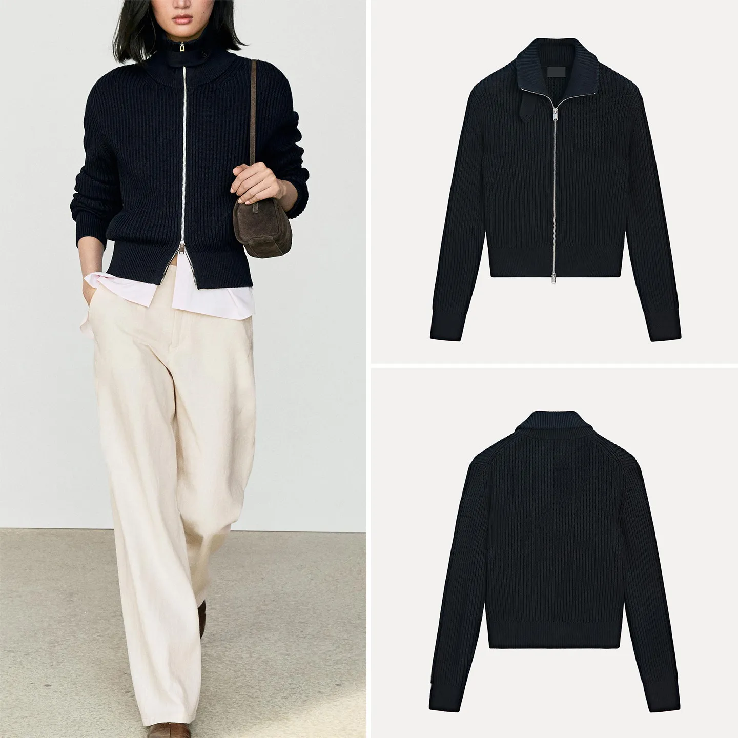 Women's Fashion Casual Knitted Zipper Design Open Front Sweater Standard Fit Short Outerwear Autumn 2026 ZADATA