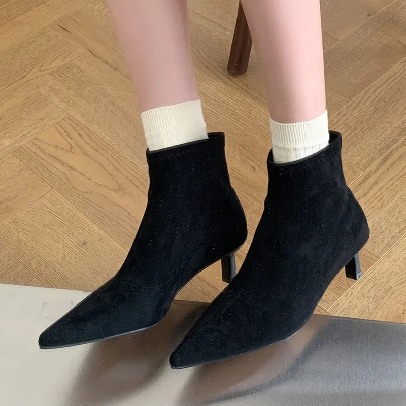 New Female Slip On Footwear Ladies Short Modern Boots With Low Heel Shoes Fashion Pointed Toe Elastic Women Ankle Boots Shoes