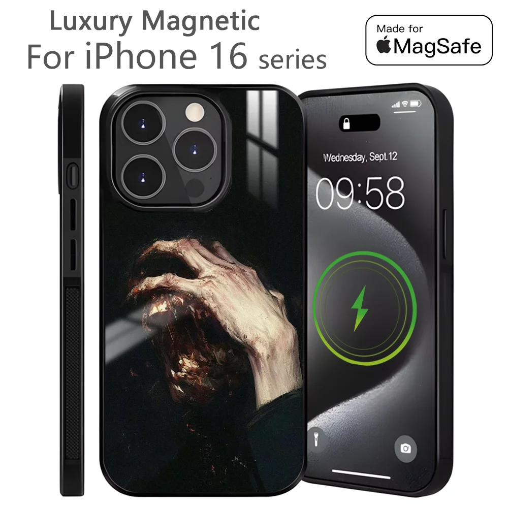 Black horror panic psychedelic Phone Case For iPhone 16 15 14 13 12 11 Pro Max Plus Mini Magnet Magsafe Wireless Charging Cover