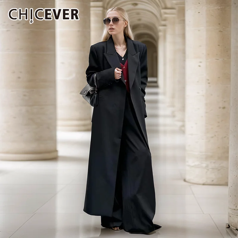 CHICEVER Black Temperament Slim Blazers For Women Notched Collar Patchwork Single Breasted Long Coats Female Fashion New Clothes