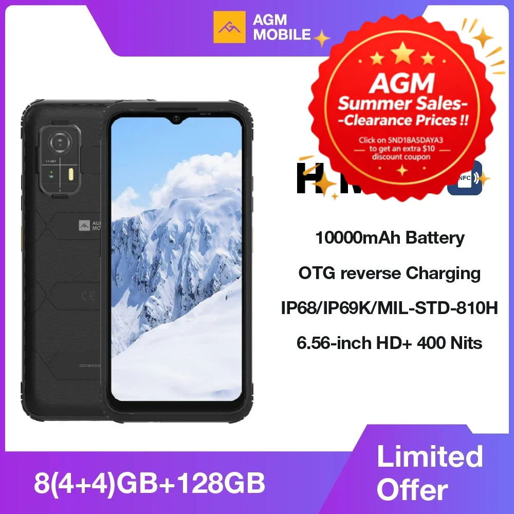 AGM H MAX Rugged Smartphone 10000mAh Battery 4+128GB HD+ Display 3 Card Slot NFC OTG Reverse Charge Waterproof
