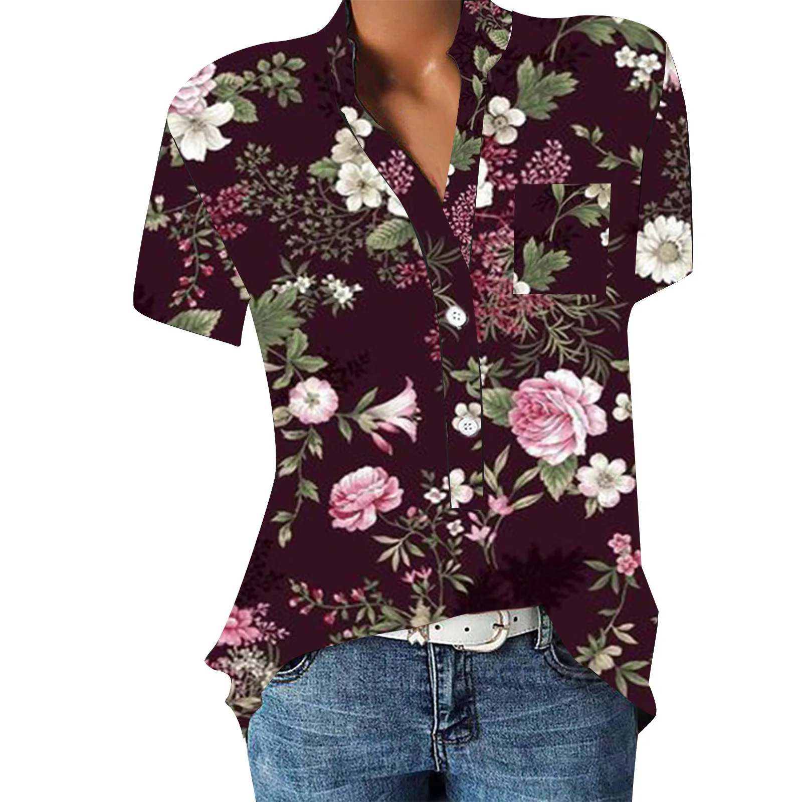 2024 Europe and the United States summer new women\'s V-neck flower print short-sleeved shirt T-shirt top women