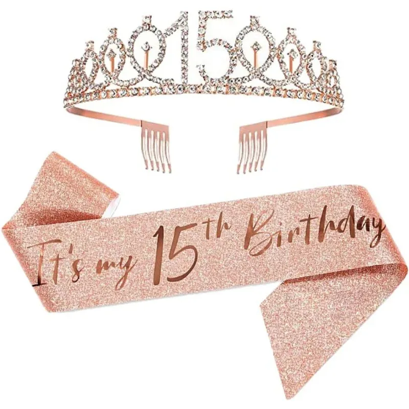 2 Stück/Set Schärpe zum 15. Geburtstag und Tiara, Roségold-Geburtstagsschärpe, Krone für Geschenke zum 15. Geburtstag, Partyzubehör