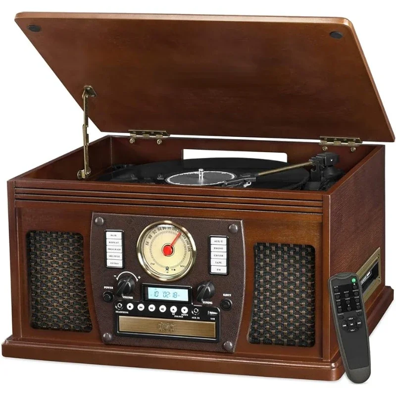 8-in-1 Bluetooth Record Player & Multimedia Center, Built-in Stereo Speakers - Turntable, Wireless Music Streaming, Real Wood