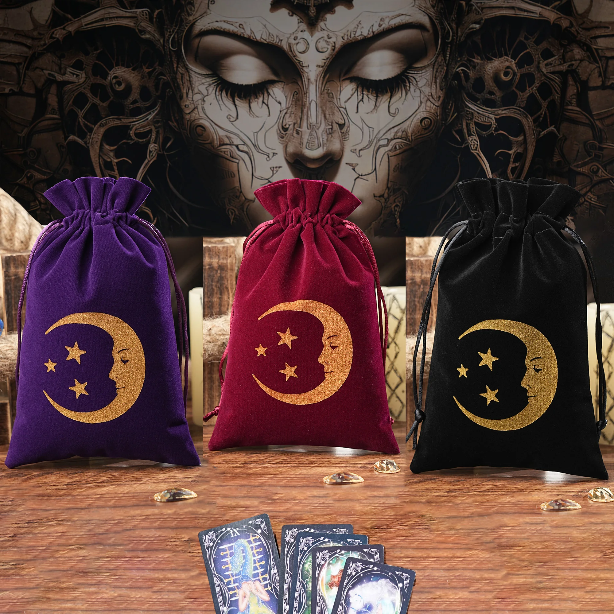 

1pc Velvet Moon Phase Tarot Storage Bag Board Game Cards Drawstring Package Witchcraft Supplies for Altar Tarot Pouch Dice Bag
