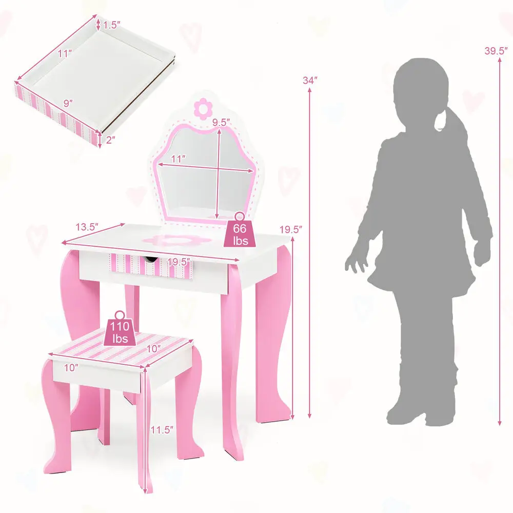 Babyjoy Kid Vanity Set Wooden Makeup Table Stool w/ Mirror Flower Print Pink & White