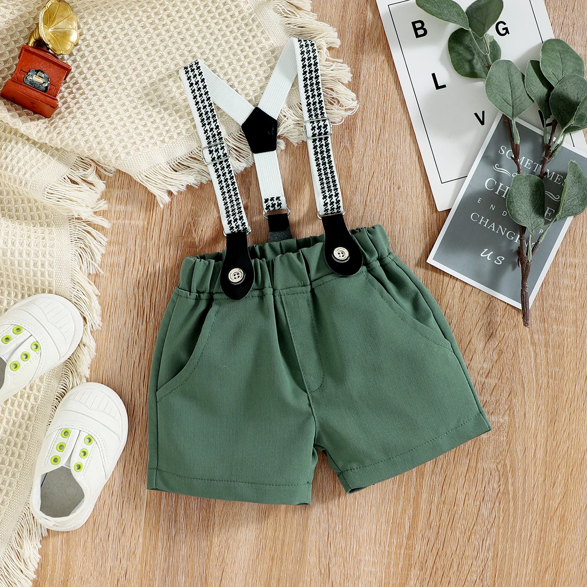 PatPat Baby Boy Short-sleeve Party Outfit Gentle Bow Tie Shirt and Suspender Shorts Set Perfect for Outings and Daily Wear