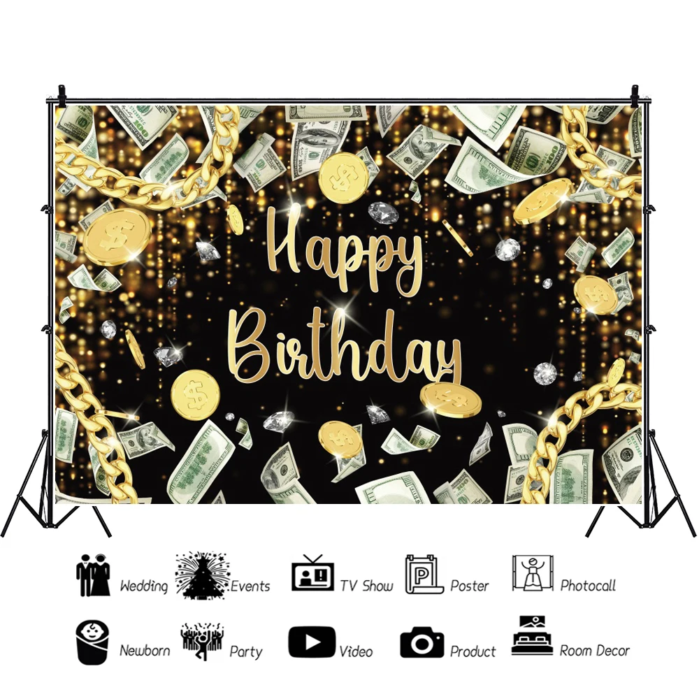 Fond de photographie de décoration de thème de dollar d'argent de fête d'anniversaire d'adulte, champagne, diamant, paillettes, toile de fond de néon vert de luxe