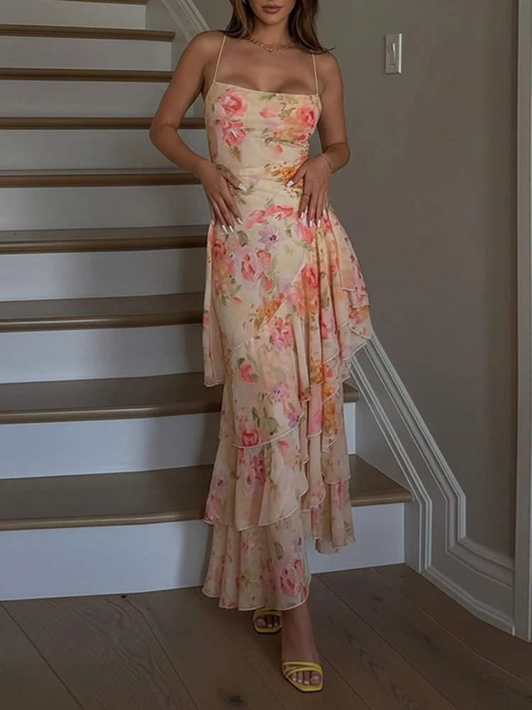 

Women Elegant Camisole Slim Fit Long Dress New Fashion Backless Sleeveless Irregular Dress 2026 French Floral Print Club Dress ﻿
