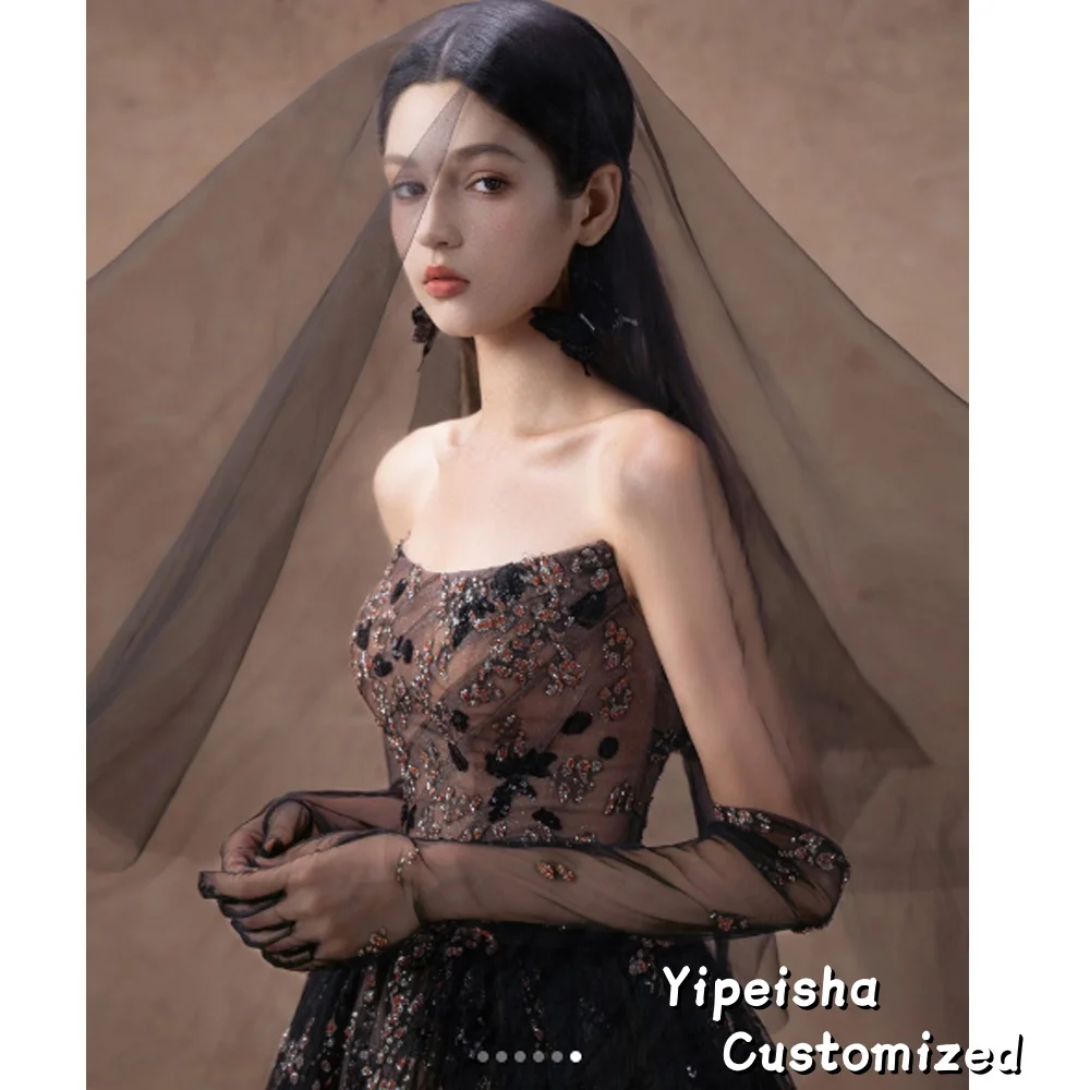 Vestidos de Noche negros de lujo, Apliques de encaje de cristal para mujer, fiesta de boda, vestido de graduación árabe personalizado