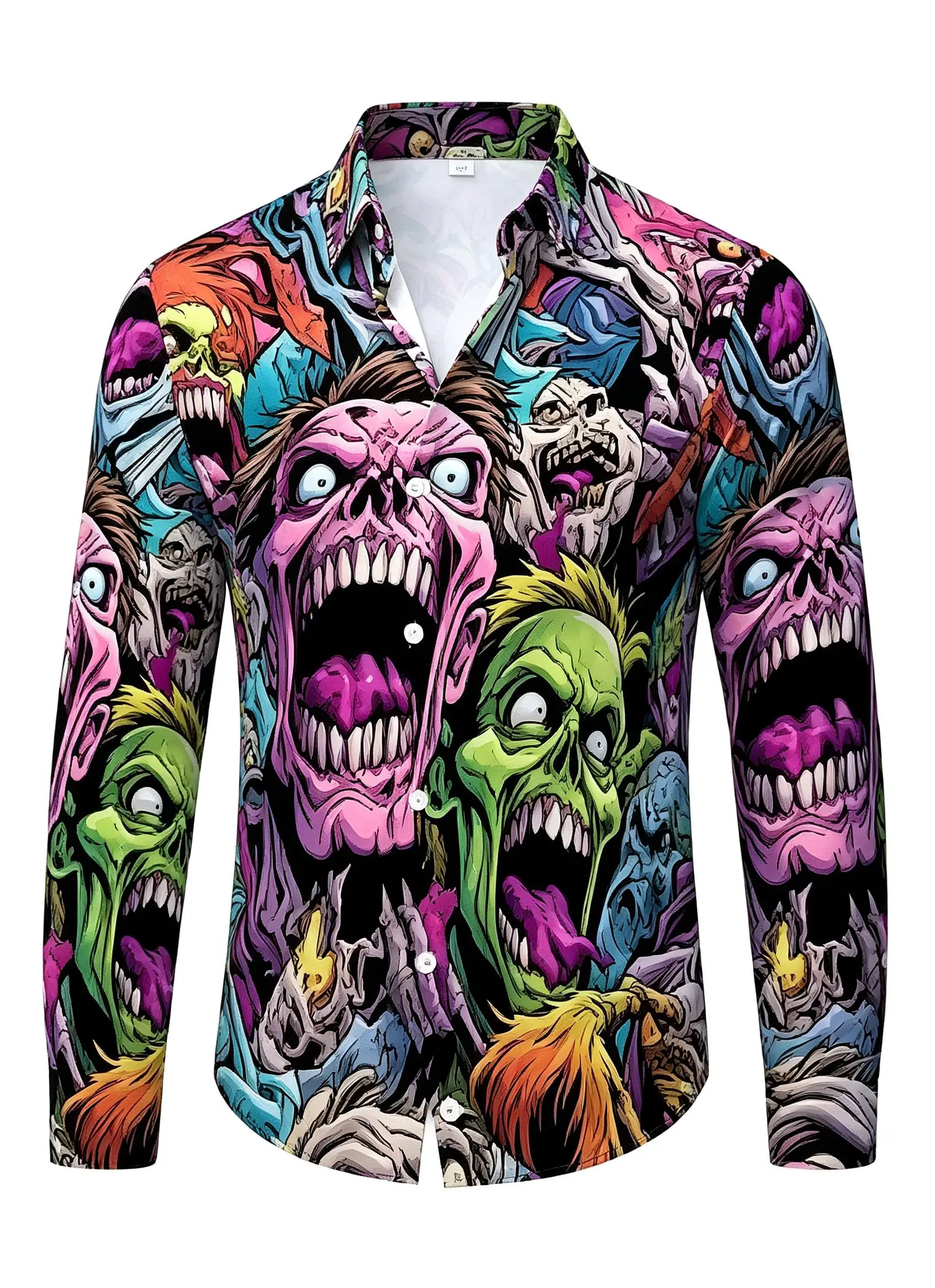 Halloween Men Lapel Collar Shirt Comic Style Horror Creature Graphic Polyester Long-Sleeve Blouse