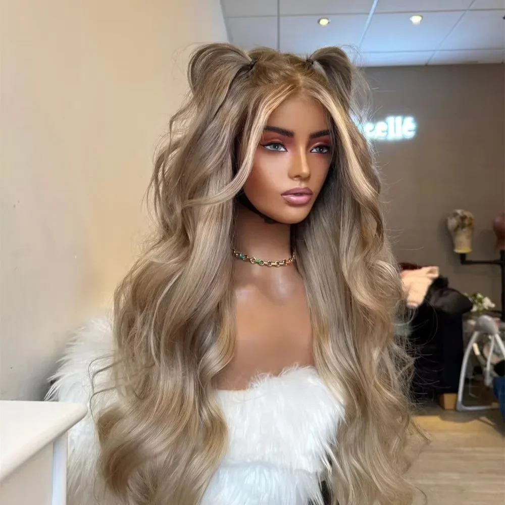 Soft Ash Blonde Balayage Long Body Wave Synthetic Lace Front Wig 13X4 Preplucked Glueless Wig Heat Resistant Daily Use