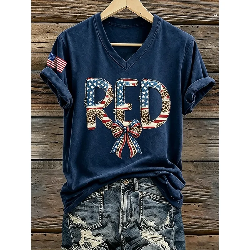 New Arrival Women's Red Friday Print T-Shirts Summer V Neck Tops Short Sleeve Casual Bow-tie Flag Tees