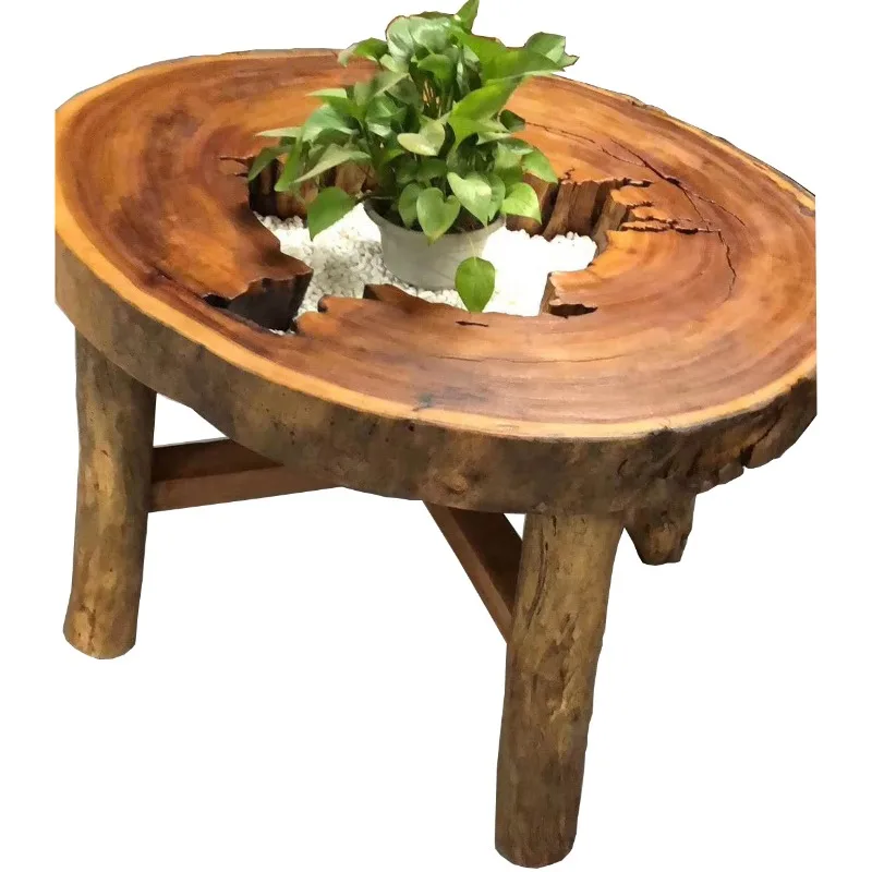 

Weathered camphor wood tea table glass circular courtyard decoration coffee table special-shaped creative outdoor leisure